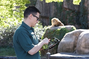 A wildlife professional collecting data using ZooMonitor
