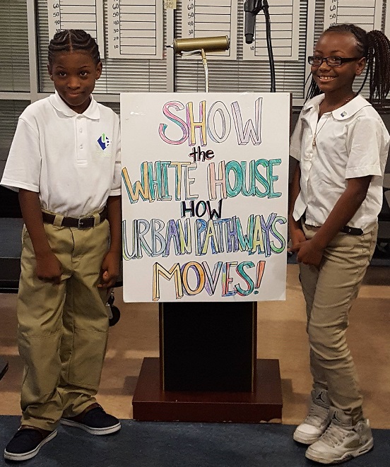 Urban Pathways K-5 College Charter School hosted a pep rally for students Bruce and Lemiah to send them off to the White House