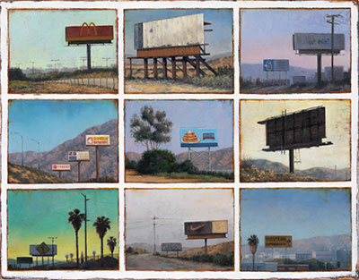 Oil on panel depicting billboards on the side of the road in the desert