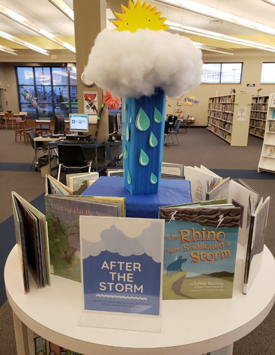Book display table in library.