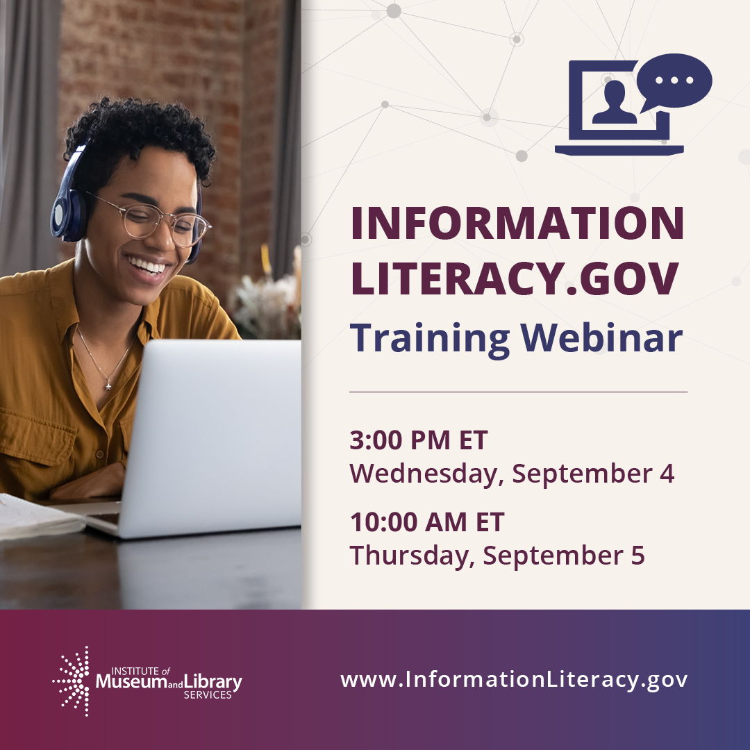 woman sitting in front of laptop in the informationliteracy.gov webinar training banner