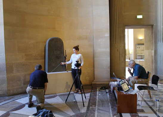 Pyu Inscriptions in Myanmar shown in a conventional, static image versus RTI (l-r) / Uriyahu Inscription shown in a conventional static image versus RTI (l-r) / Kyle McCarter and Heather Parker photographing the Mesha Stele at the Louvre Museum, assisted by Bruce Zuckerman, June 2015 / Palmyrene Project: Nathaniel Green is using a large flash for RTI capture
