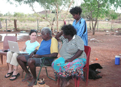 Dr. Kimberly Christen consults with Michael Jampin Jones, an elder from the Warumungu Aboriginal community in Tennant Creek, Australia, who initiated the original project and named the archive Mukurtu. Photo Credit: Patricia Narrurlu Frank