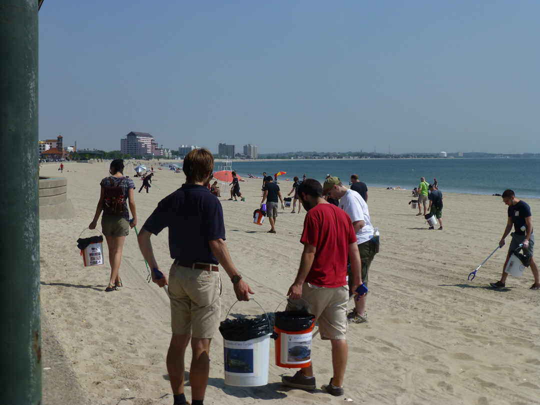Members of the live blueTM Service Corps participate in a clean-up at Revere Beach.