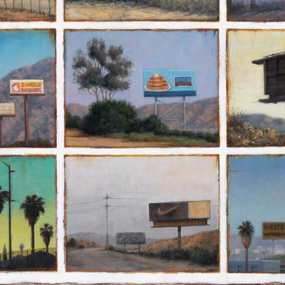 Oil on panel depicting billboards on the side of the road in the desert.