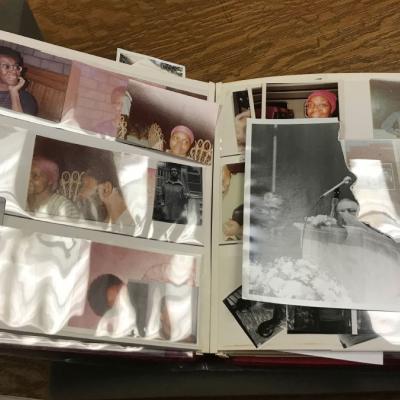 Red photo album with images