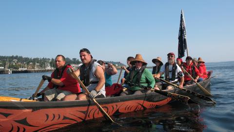 Group of adults rowing a canoe